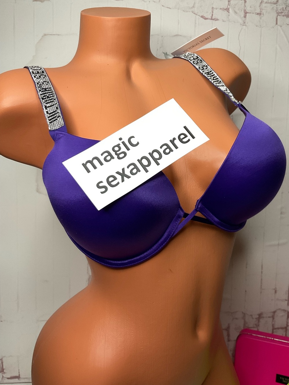 VS 36C LOGO SHINE STRAP RHINESTONES CRYSTAL BLING BOMBSHELL BRA SMOOTH PURPLE